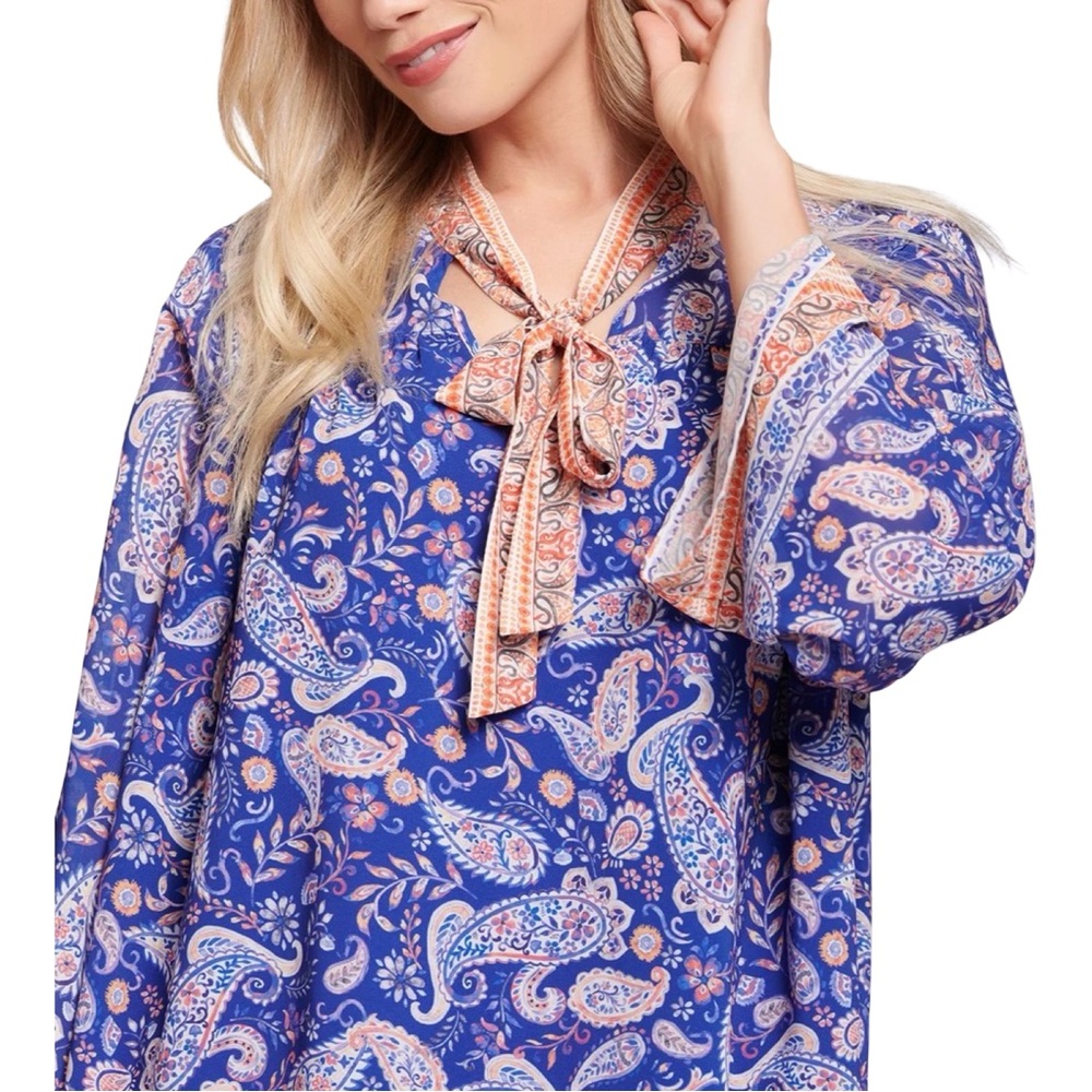Lost + Wander Blue Paisley Tie-Neck Mini Dress Long Bell Sleeve – Size Small - Picture 5 of 12